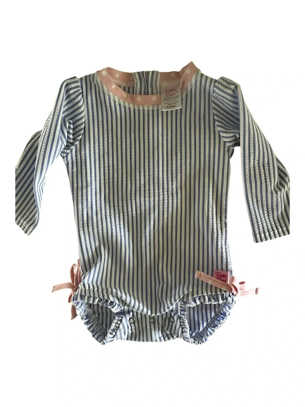 Ruffle Butts Blue and White Stripe Long-Sleeve One-Piece with Pink Trim 6-12m